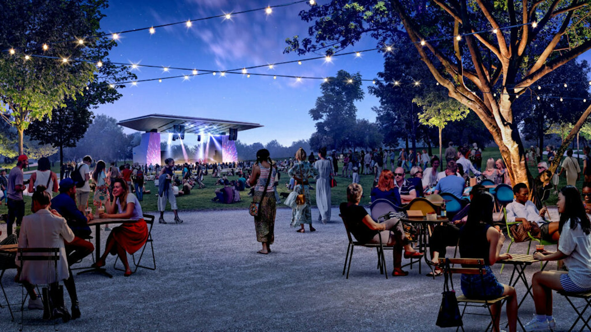 Rendering of The Amphitheater and guests at concert stage