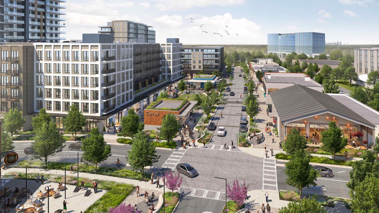 Aerial rendering of The Bowl at Ballantyne project depicting streets and buildings5