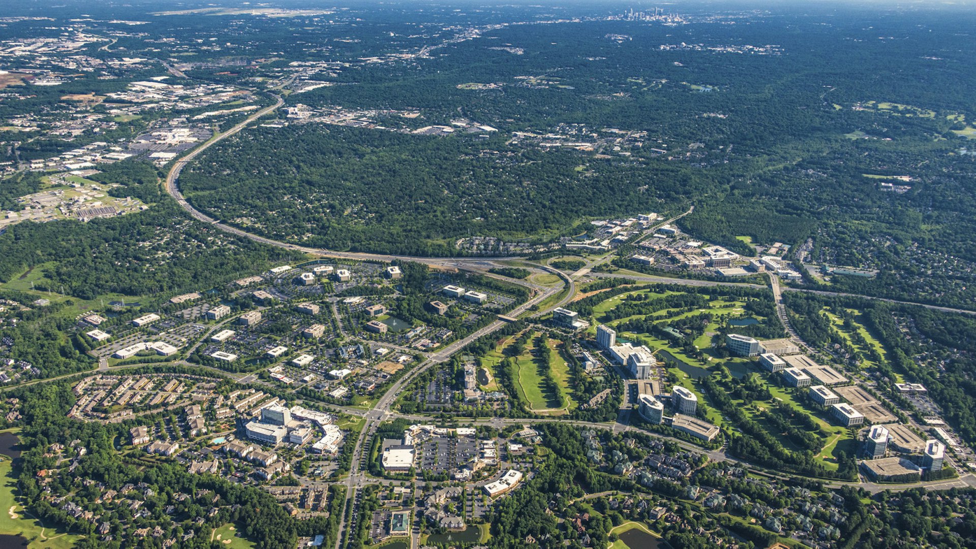 Aerial drone photo of Ballantyne Campus and South Charlotte area