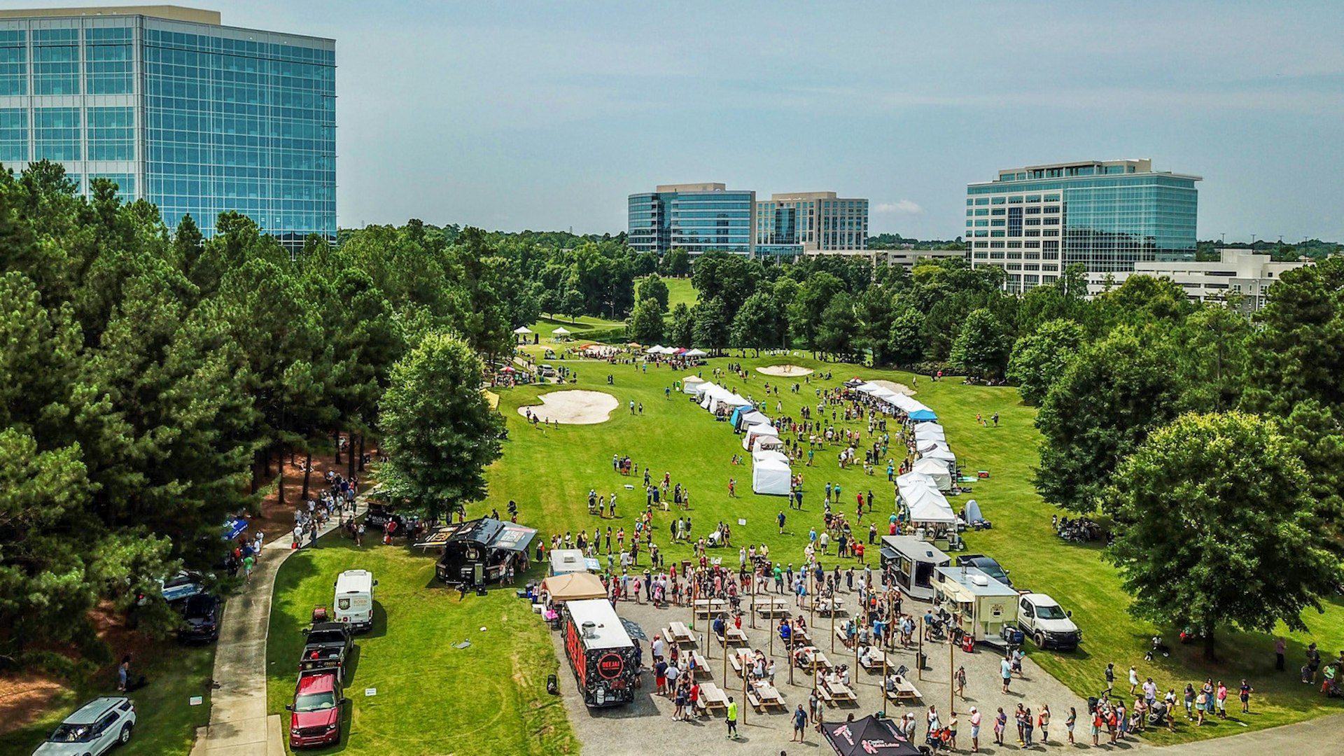 Drone view of Markets at 11 in Ballantyne's Backyard