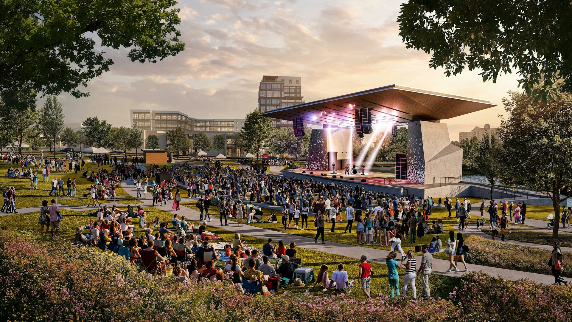 Rendering of The Amphitheater with guests enjoying an outdoor concert