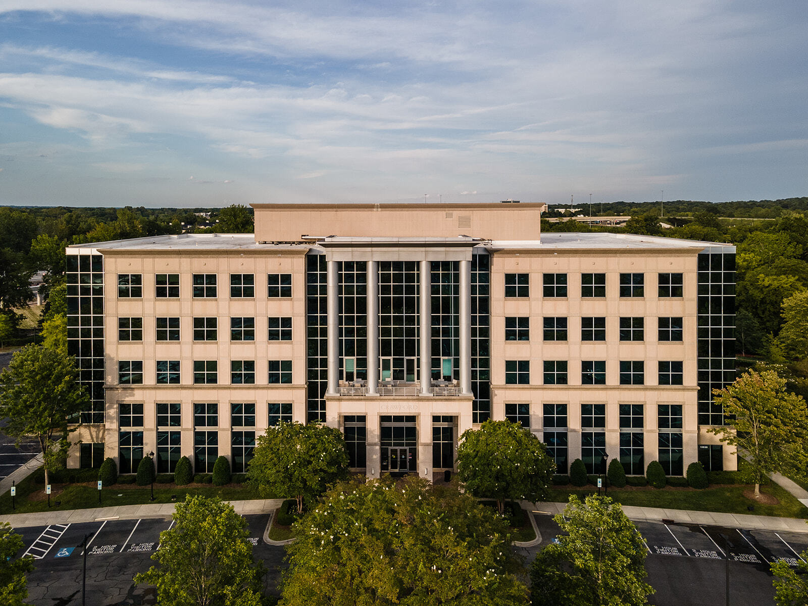 Drone of Crawford Building exterior on Ballantyne Campus3