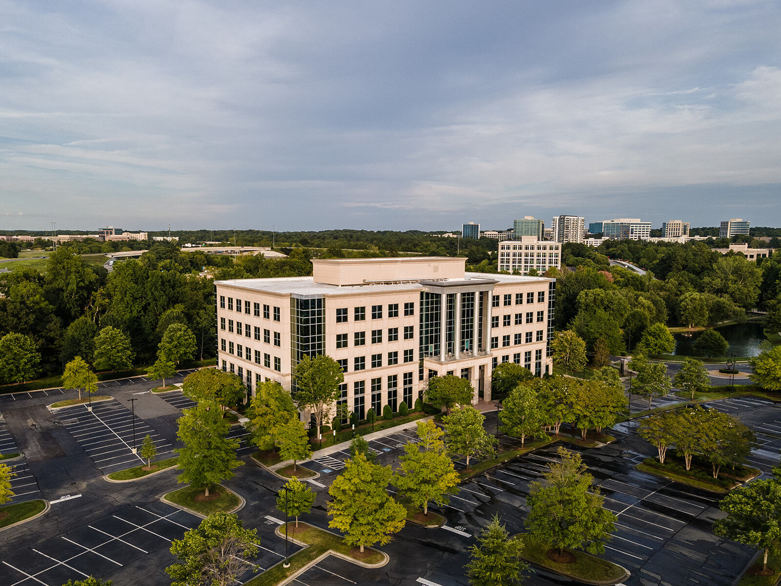 Drone view of parking lot and Crawford Building exterior on Ballantyne Campus4