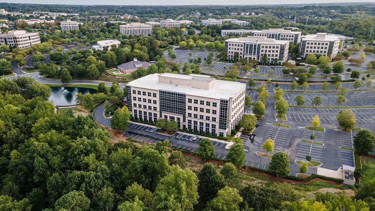 Drone view of area buildings and Crawford Building exterior on Ballantyne Campus1