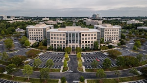 Drone view of parking lot and Hixon Building exterior on Ballantyne Campus3