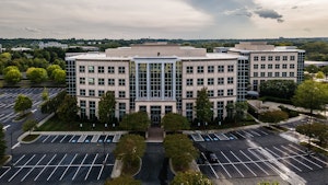 Drone view of parking lot and Simmons Building exterior on Ballantyne Campus3