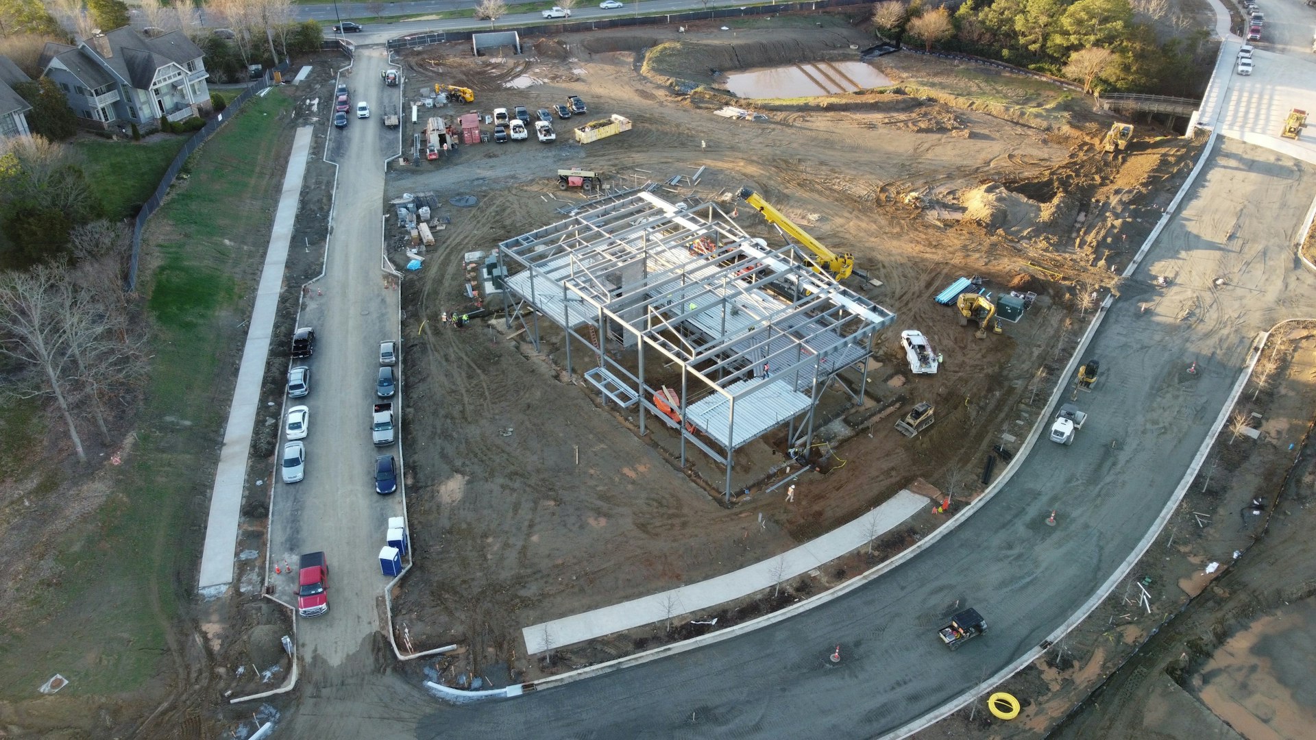 Aerial view of construction of a building.